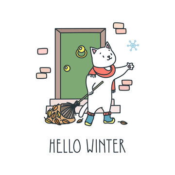 Hello winter. Illustration of a cute white cat raking autumn leaves and looking at a first snowflake. Vector 8 EPS.