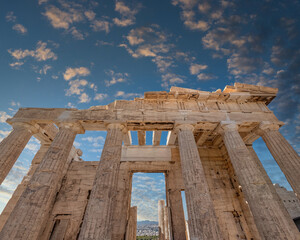Fototapeta premium Athens Greece, scenic view of Parthenon ancient Greek temple under dramatic sky, filtered image