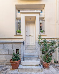 Fototapeta na wymiar family house classic design front entrance wooden door, decorated with potted plants