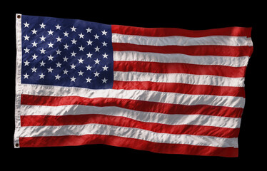 American flag waving in the wind isolated on black background. 3D