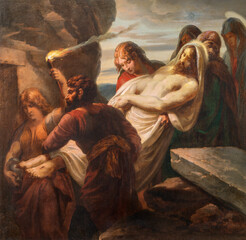 VIENNA, AUSTIRA - OCTOBER 22, 2020: The painting burial of Jesus in church St. Johann der Evangelist by Karl Geiger (1876).