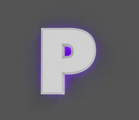 Grey concrete font with purple backlight - letter P isolated on dark grey, 3D illustration of symbols