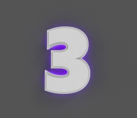 Grey stone font with purple backlight - number 3 isolated on grey background, 3D illustration of symbols