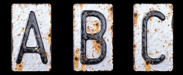 3D render set of capital letters A, B, C made of forged metal on the background fragment of a metal surface with cracked rust.