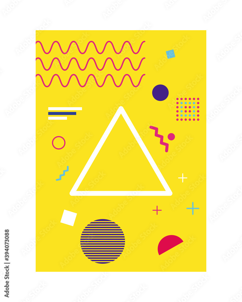 Poster yellow color memphis style background with triangle figure