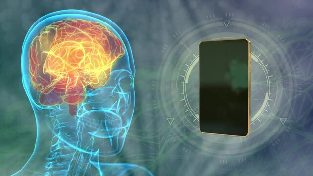 x-ray human head moving with ringing incoming call phone, brain danger by LTE communication concept - medical 4K 60 fps 3D animation