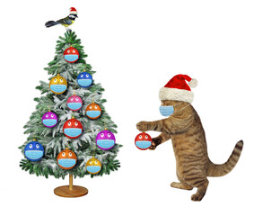 A cat in a Santa Claus hat decorates the Christmas tree with colored balls in protective masks. White background.