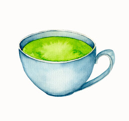 Matcha Latte Milk Green Tea Watercolor Hand drawn illustration isolated on White Background. For design, print, party invitations, greeting card, wrapping paper, blogs, posts, menu, recipe, packaging
