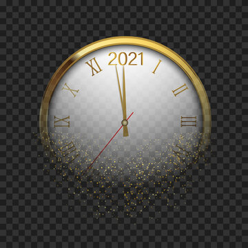 Gold shiny New Year transparent banner with blurred round clock. Vector