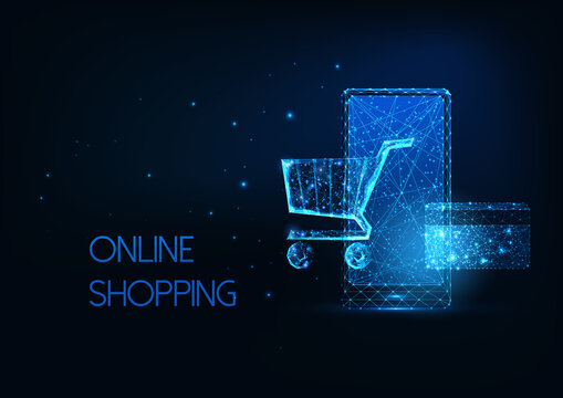 Futuristic online shopping, e-commerce concept with glowing smartphone, shopping cart, credit card