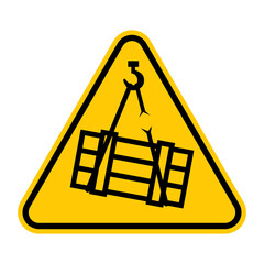 Suspended load warning sign. Vector illustration of yellow triangle sign with overhead load icon inside. Caution dangerous cargo symbol isolated on background. Symbol used in warehouse.