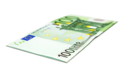 Stack of euro bills on white.