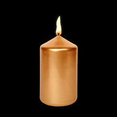 A single burning golden candle in front of black background