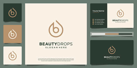 Beauty gold water drop and olive oil white minimal initial b line logo and business card design