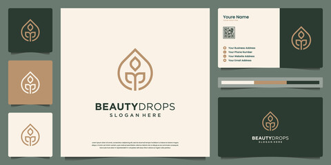 Minimalist beauty gold water drop and olive oil white minimal leaf line art logo and business card design