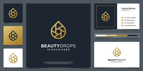 Minimalist beauty gold water drop and olive oil white photography symbol logo. business card design and logo template