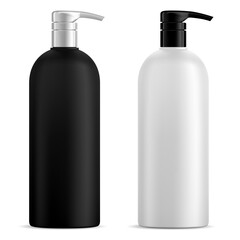Pump bottle. Cosmetic dispenser for shampoo, gel, vector mockup. Black and white liquid soap container set. Realistic pet tube mock up for moisturizer or disinfectant. Beauty bath pack
