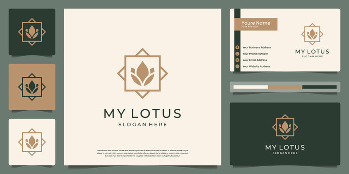 Minimalist beauty lotus flower with frame luxury logo and business card design
