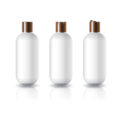 3 cap styles copper color white oval round cosmetic bottle for beauty product mockup template.