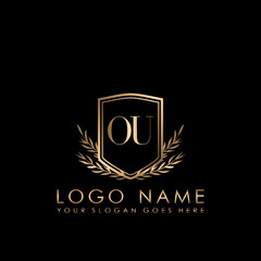Elegant Initial Logo Letter OU, Initial Logo With Gold Shield Vector Template.