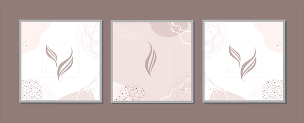 abstract paintings, triptych in restrained craft, beige tones, leaves, feathers