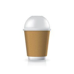 Blank brown kraft paper-plastic coffee-tea cup white bottom with clear dome lid in small size mockup template.