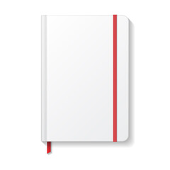 Blank white notebook with red elastic and ribbon bookmark mockup template.