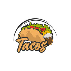 Stylized hot, freshly made Mexican tacos logo template, vector illustration isolated on white background. Creative two-colored hot and spicy, Mexican taco logotype template, street food icon