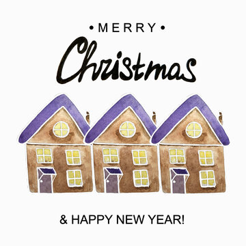 Winter lettering home card design in watercolor style.