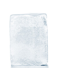 Crystal clear, textured, natural ice block, on white background.