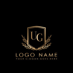 Elegant Initial Logo Letter UG, Initial Logo With Gold Shield Vector Template.