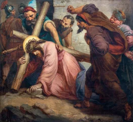 Fensteraufkleber VIENNA, AUSTIRA - OCTOBER 22, 2020: The painting fall of Jesus under the cross in church St. Johann der Evangelist by Karl Geiger (1876). © Renáta Sedmáková