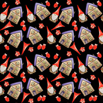 Christmas card with funny gnomes. Scandinavian Christmas. Watercolor on a black background.