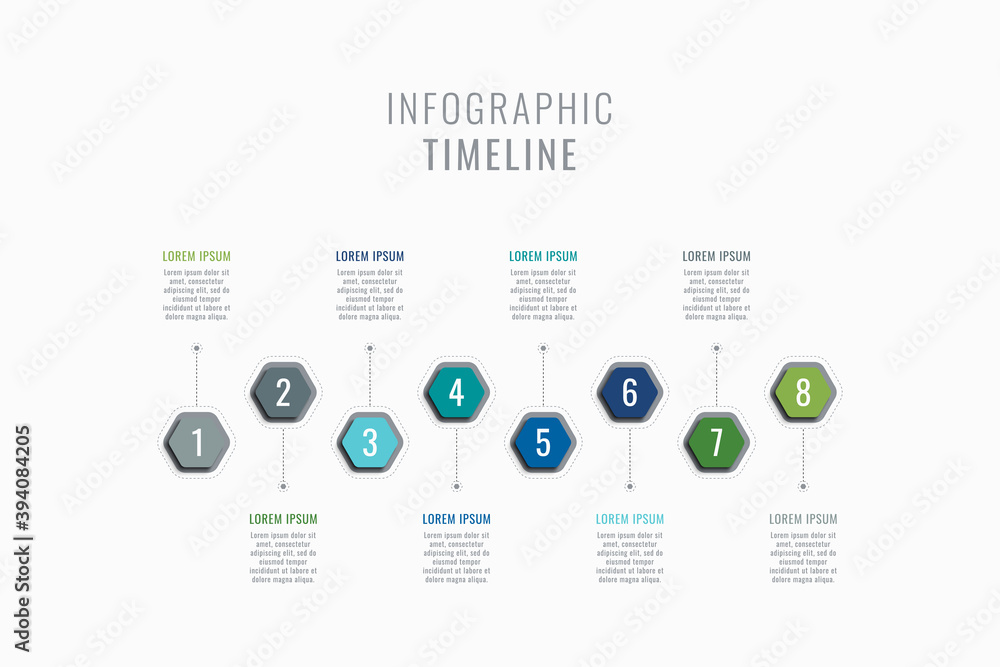 Poster horizontal eight steps timeline infographic template. multicolor hexagonal elements with numbers and