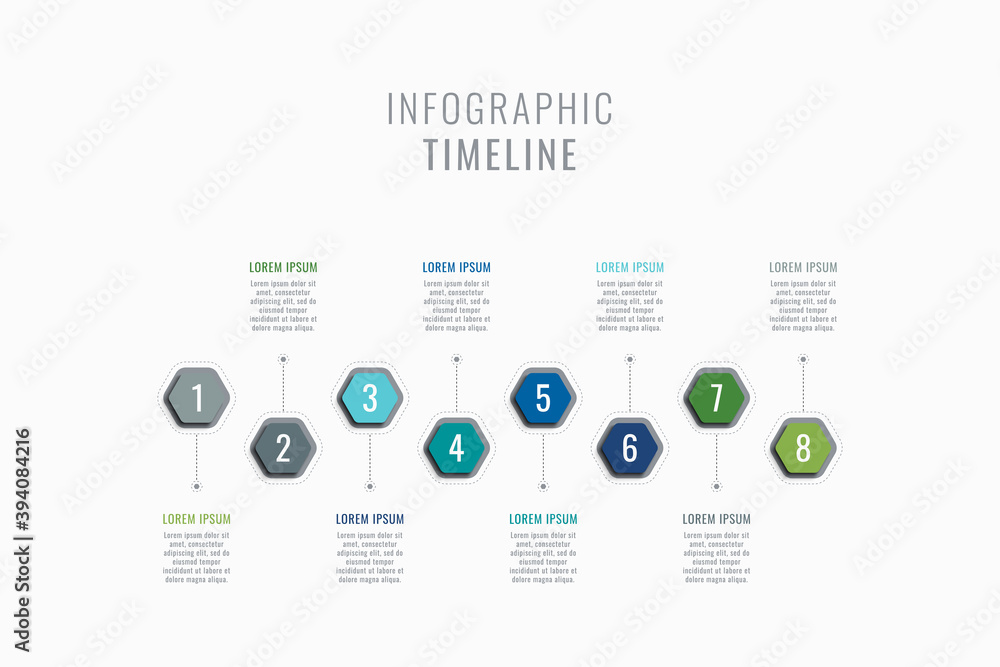 Fototapete horizontal eight steps timeline infographic template. multicolor hexagonal elements with numbers and