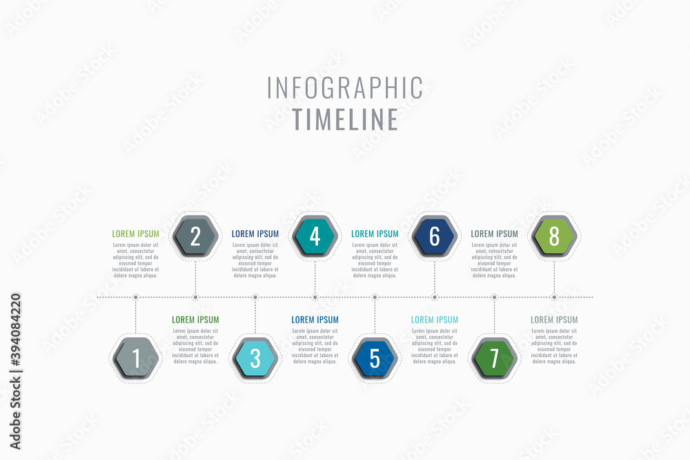 Fototapete horizontal eight steps timeline infographic template. multicolor hexagonal elements with numbers and