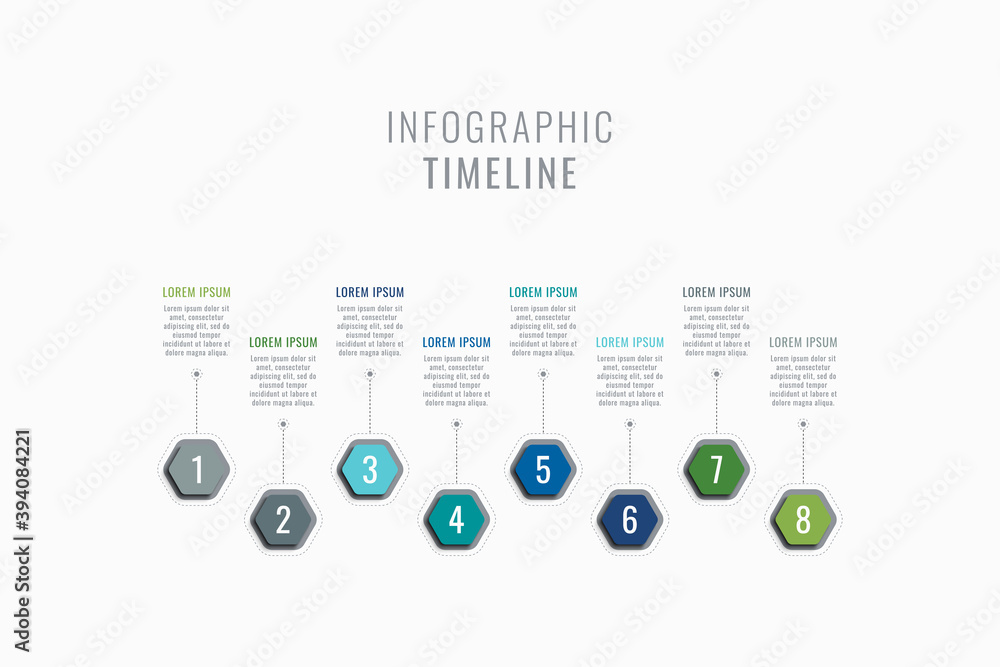 Fototapete horizontal eight steps timeline infographic template. multicolor hexagonal elements with numbers and