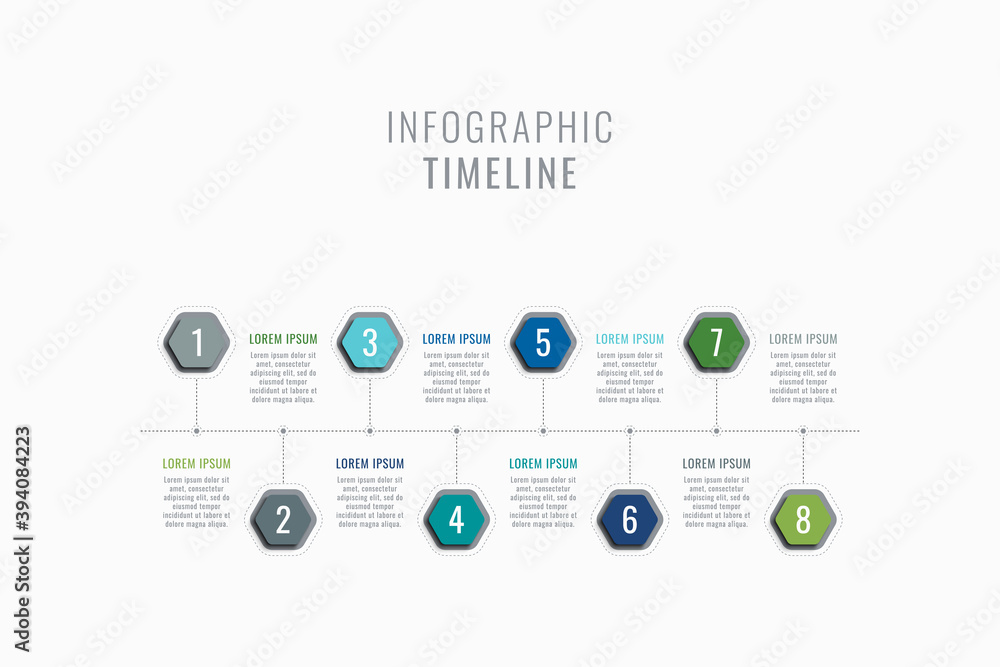 Fototapete horizontal eight steps timeline infographic template. multicolor hexagonal elements with numbers and