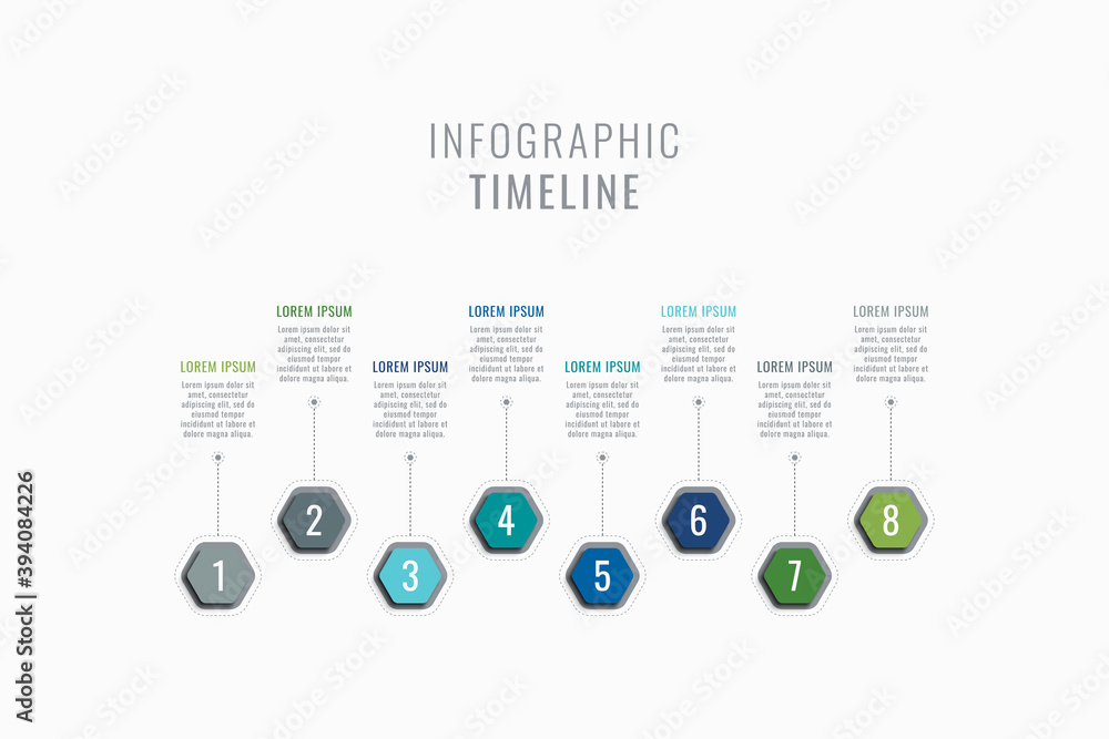Fototapete horizontal eight steps timeline infographic template. multicolor hexagonal elements with numbers and