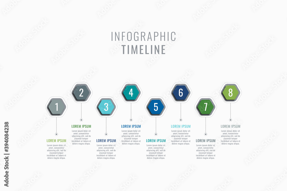 Fototapete horizontal eight steps timeline infographic template. multicolor hexagonal elements with numbers and