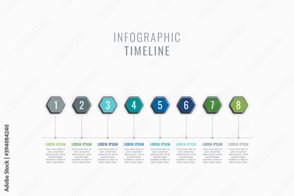 Fototapete horizontal eight steps timeline infographic template. multicolor hexagonal elements with numbers and
