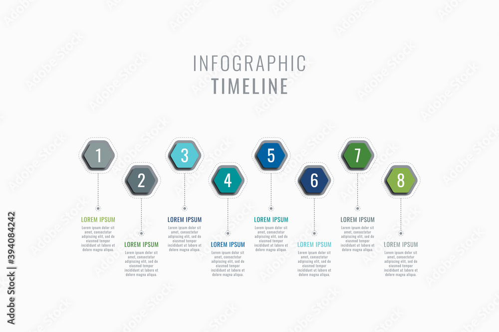 Fototapete horizontal eight steps timeline infographic template. multicolor hexagonal elements with numbers and