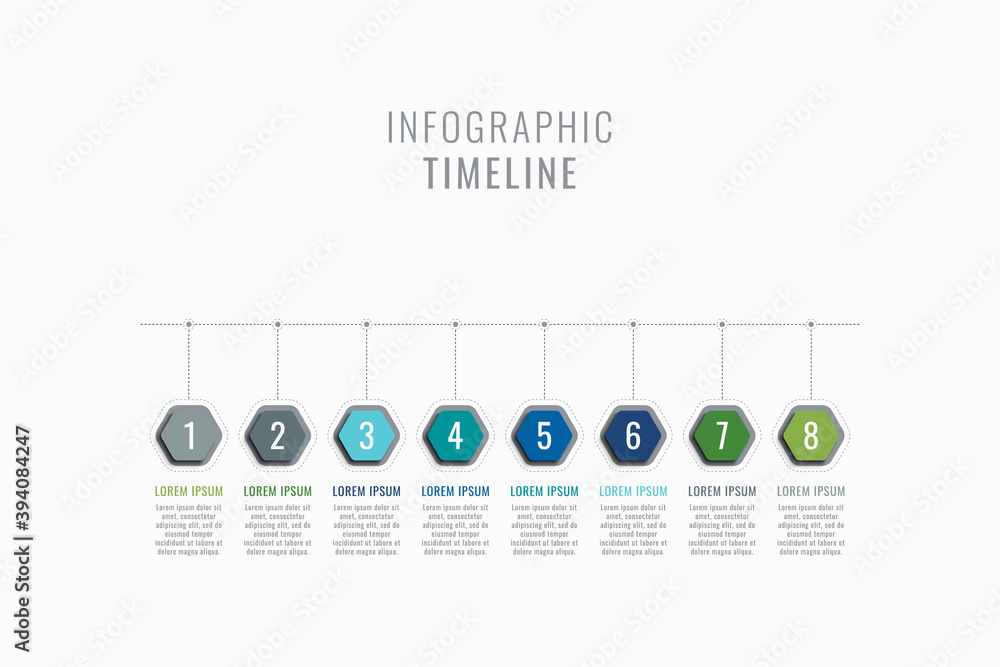 Fototapete horizontal eight steps timeline infographic template. multicolor hexagonal elements with numbers and