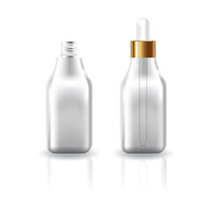 Blank clear cosmetic square bottle with black-gold dropper lid for beauty product mockup template.