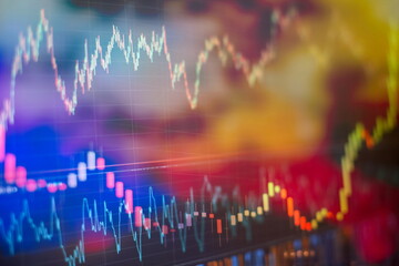 Technical price graph and indicator, red and green candlestick chart on blue theme screen, market...