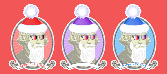 Set of festive funny stickers. Ribbons with the inscriptions Merry Christmas and Happy New Year. Sketchy portraits with glasses with a beard and mustache. Winter hats with a fluffy pom-pom. EPS10