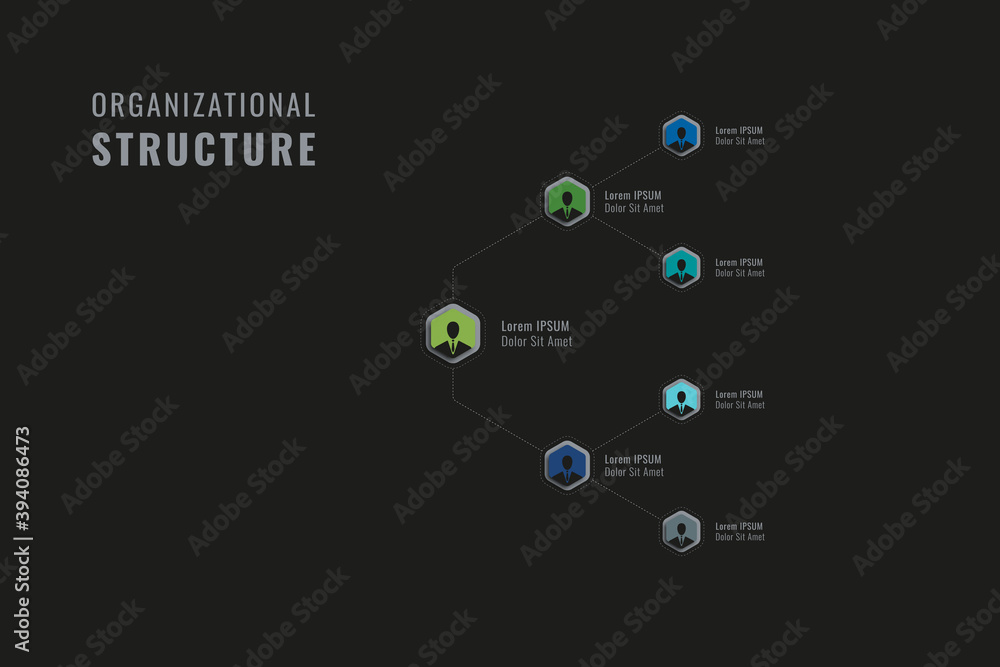 Aufkleber horizontal business hierarchy of the company template. multicolor hexagonal elements with person sym