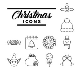 lettering and bundle of merry christmas line style icons