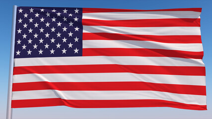 Realistic Waving United States Of America Flag In The Wind With Pole On Clear Blue Sky 3D Rendering
