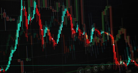 Technical price graph and indicator, red and green candlestick chart on blue theme screen, market...